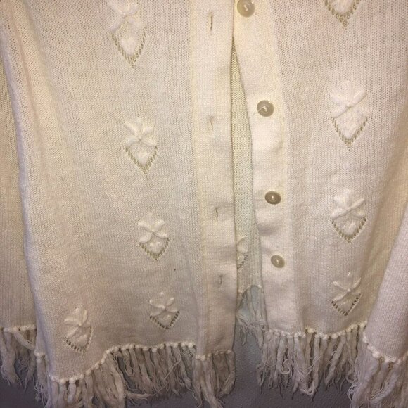 Vintage English Village Ivory Wide Bell Sleeve Fringe Button Up Cape Sweater - Picture 5 of 8